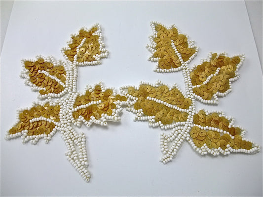 Leaf Pair with Tan Sequins and White Beads 5" x 4"