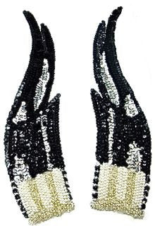 Flame Large Black Pair with Sequins and Beads Silver Beaded 12" x 3"