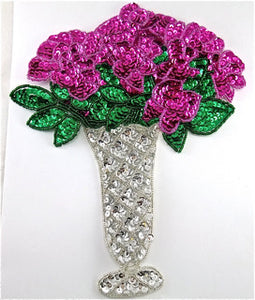Fuchsia Flowers in a Silver Vase with Sequins and Beads 7.5" x 9"