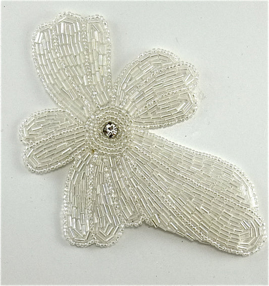 Flower with White Iridescent Beads and Rhinestone 5.5" x 4"