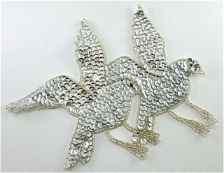 Birds in Flight with Silver Sequins and Beads 8.5" X 7"