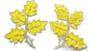Leaf Pair with Yellow Sequins and Silver Beads 4" x 5"