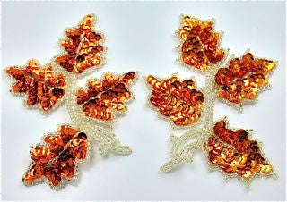Leaf Pair with Orange Sequin and Silver Beads 5" x 4"