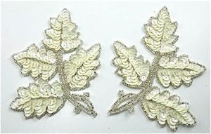 Leaf Pairs with White Sequins and Crystal Beads 5" x 4"