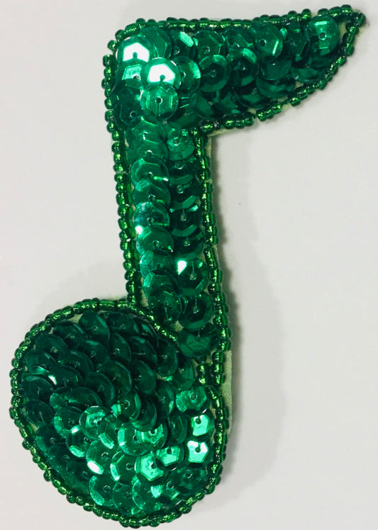 Single Musical Note Green Sequins and Beads 3.5" X 2.5"