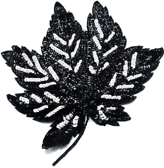 Leaf with Black and Silver Sequins and Black Beads 10" x 11.5"