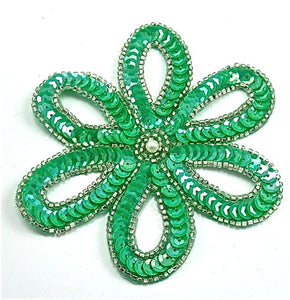 Flower with Sea Green sequins and Silver Beads 3.5" x 3.5"