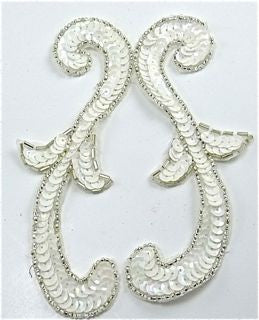 Designer Motif Pair with White Sequins and Silver Beads 5.5" x 2"