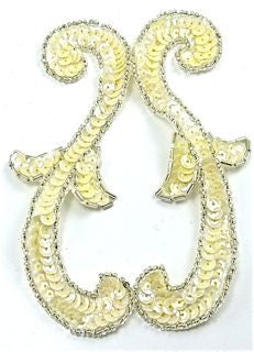 Designer Motif with Cream Colored Sequins Silver Beads 2" x 5.5"