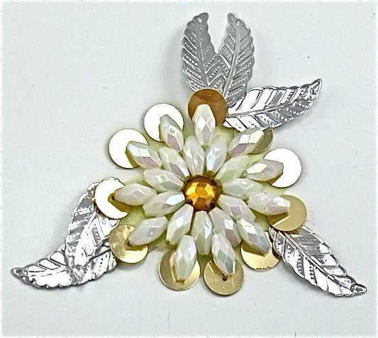 Flower with Silver and Gold Sequins and White Beads with a Center Gold Rhinestone 3" x 3"