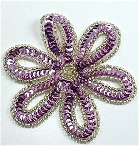 Flower with Orchid Sequins and Rhinestone Center with Silver Beads 3.5" x 3.5"