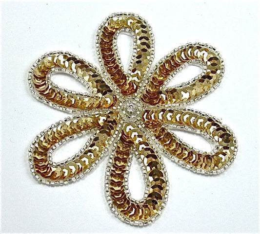 Flower Appliqué with Gold Sequins and Silver Beads 3.5" x 3.5"