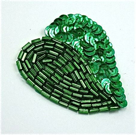 Heart Shaped Leaf Designer Motif with Green Sequins and Beads 1.5" x 2"