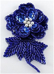 Flower Royal Blue Sequins and Beads with Pearl and Rhinestone 3" x 2"