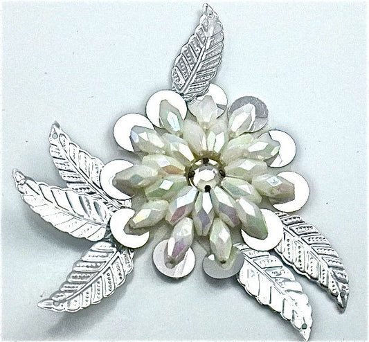 Flower with Iridescent Beads and Silver Leaf 3" x 3"