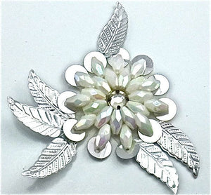 Flower with Iridescent Beads and Silver Leaf 3" x 3"