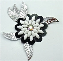 Load image into Gallery viewer, Flower White Beads Black Sequins Silver Leaf 3&quot; x 3&quot;