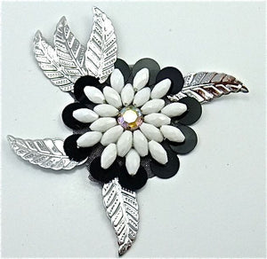 Flower White Beads Black Sequins Silver Leaf 3" x 3"