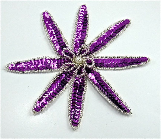 Flower with Purple Sequins, Silver Beads and a Pearl Center 6" x 6"