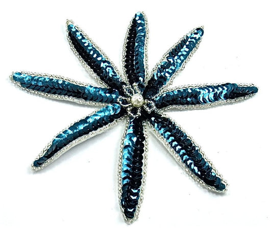 Flower with Teal Sequins and Silver Beads with Pearl Center 6" x 6"