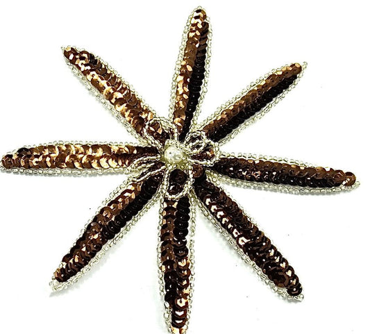 Flower with Bronze Sequins and Silver Beads with Pearl Center 6" x 6"