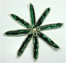 Load image into Gallery viewer, Flower with Green Sequins and Silver Beads Pearl Center 6&quot; x 6&quot;