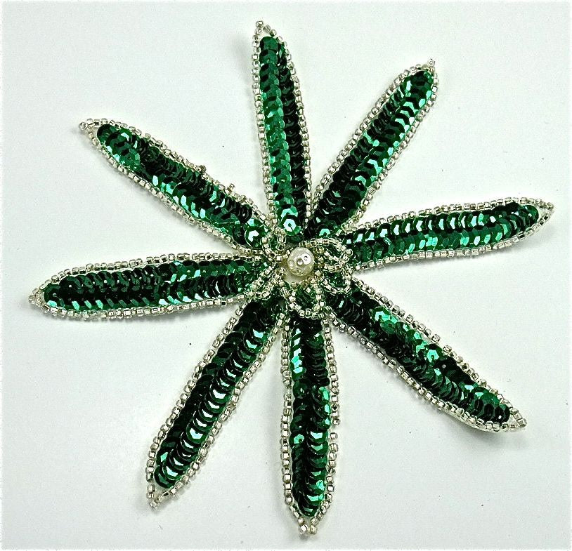 Flower with Green Sequins and Silver Beads Pearl Center 6