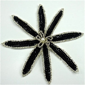 Flower with Black Sequins and Silver Beads with Pearl Center 6" x 6"