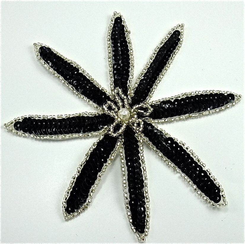 Flower with Black Sequins and Silver Beads with Pearl Center 6