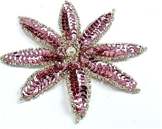 Flower with Pink Sequins and Silver Beads with Center Pearl 4" x 4"