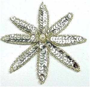 Flower with Pointed Petals and Silver Sequins and Beads and Pearl 4" x 4"