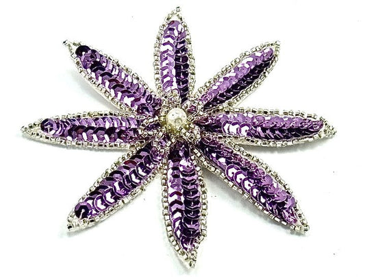 Flower with Pointed Petals - Lite Purple Sequins, Silver Beads and Pearl Center 4" x 4"