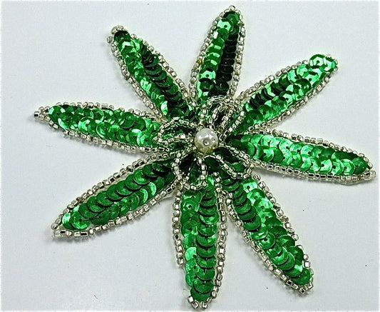 Flower Appliqué with Green Sequins and Silver Beads with a Pearl Bead in the Center 4"x 4"