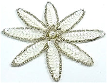Load image into Gallery viewer, Flower with China White Sequins and Silver Beads with Pearl 4&quot; x 4&quot;