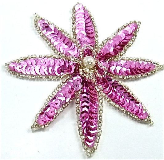 Flower with Mauve Sequins with Silver Beads and a Pearl Center 4" x 4"