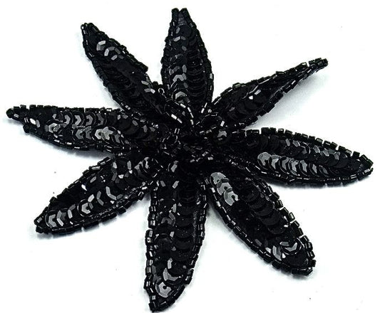 Flower with Black Sequins and Beads 4" x 4"