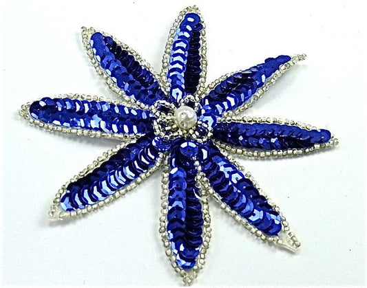 Flower With Royal Blue Sequins and Silver Beads with a Pearl Center 4" x 4"
