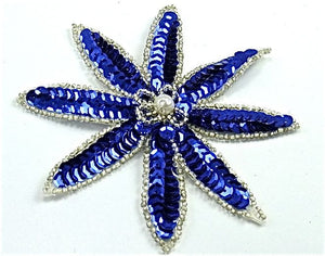 Flower With Royal Blue Sequins and Silver Beads 4" x 4"