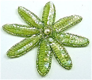 Flower with Rounded Petal with Lime Green Sequins and Silver Beads and Pearl 4" x 4"