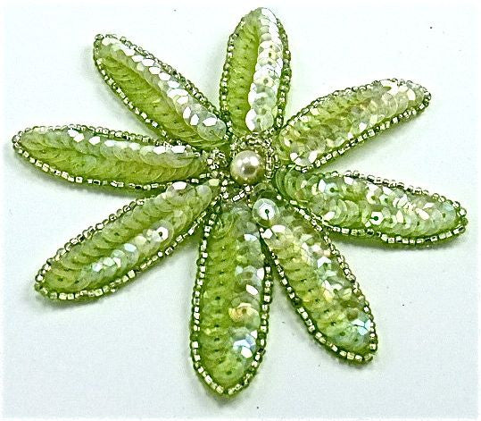 Flower with Rounded Petal with Lime Green Sequins and Silver Beads and Pearl 4