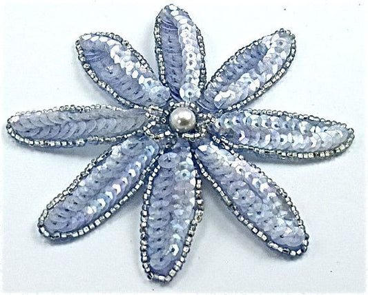 Flower with Rounded Petals and Ice Blue Sequins and Silver Beads with Pearl 4" x 4"