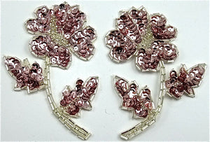 Flower Pair with Pink Sequins and Silver Beads 3.5" x 4"