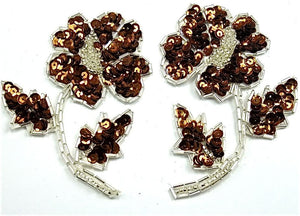 Flower Pair with Bronze Sequins Silver Beads 3.5" x 4"