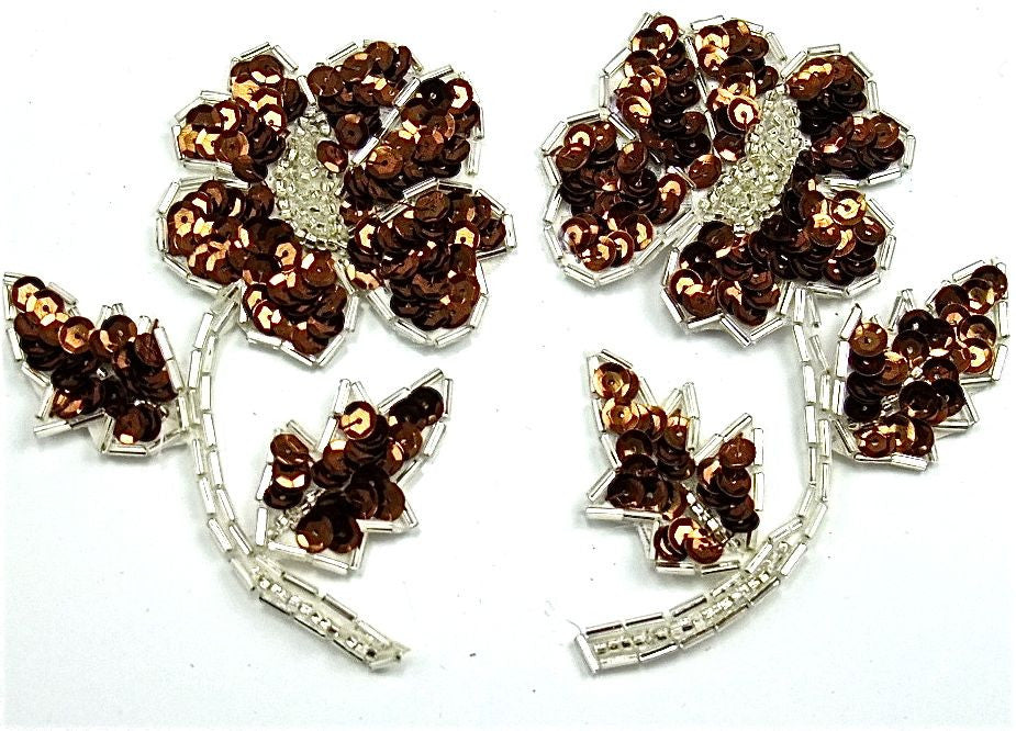 Flower Pair with Bronze Sequins Silver Beads 3.5