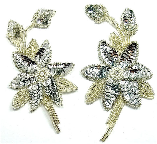 Flower Pair with Silver Sequins and Beads 2.5" x 5.5"