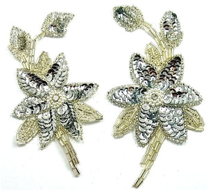 Flower Pair with Silver Sequins and Beads 2.5" x 5.5"
