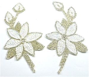Flower Pair with China White Sequins Silver Beads 5" x 2.5"