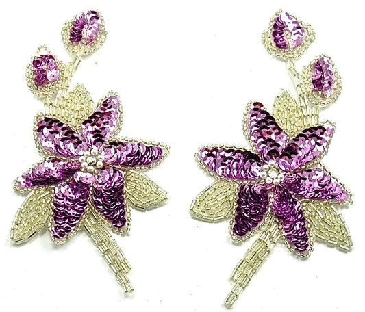 Leaf Pair with Lite Orchid Sequins and Silver Beads 2.5"x 5.5"