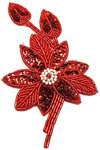 Flower with Red Sequins and Beads and Rhinestone in the middle 2.5" X 5.5"