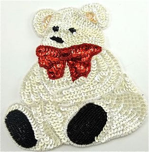 Teddy Bear with White Sequins and Red Bow 6" x 5.5"